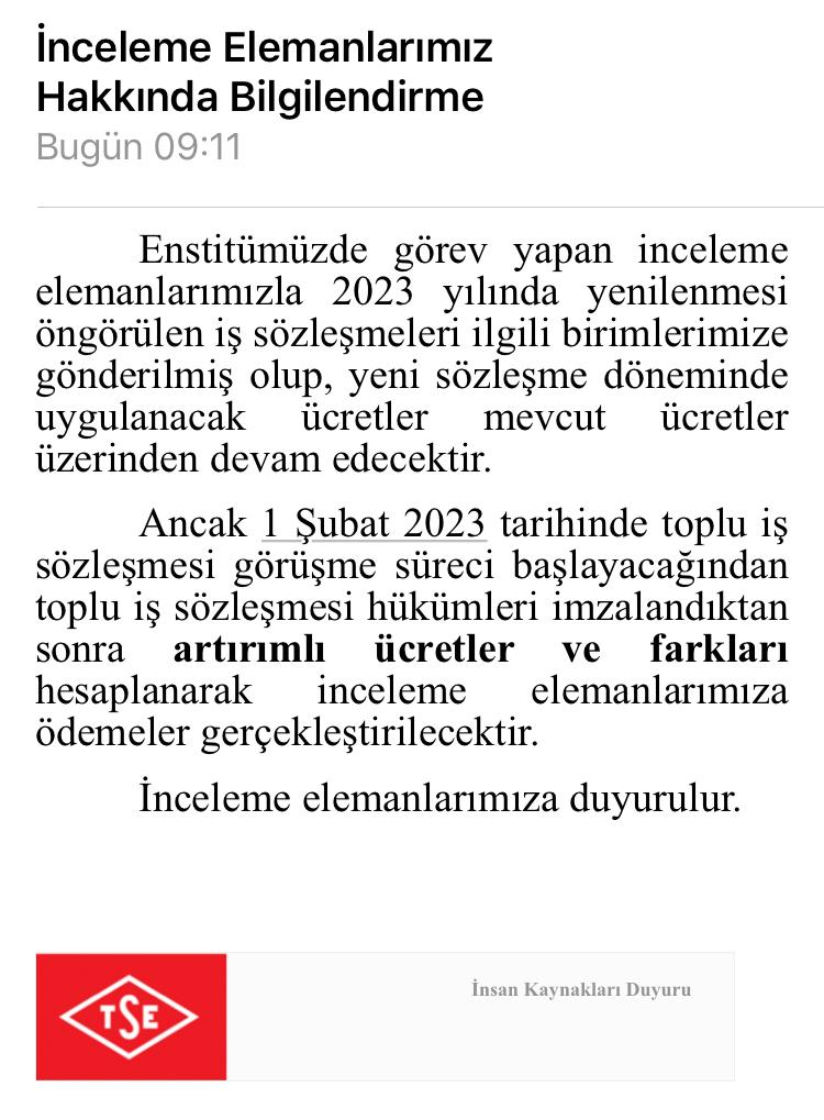 Sayın Cumhurbaşkanım <a href="/RTErdogan/">Recep Tayyip Erdoğan</a> Türk Standardları Enstitüsü TAM 10 YIL SONRA, sözleşmemizi yenileyeceğimiz son gün, eposta ile İNCELEME ELEMANLARININ İŞÇİ OLDUĞUNU BİLDİRDİ. Zam oranının akıbeti, 10 yıl sonra sendika görüşmelerine bırakıldı. İNCELEME ELEMANLARI 2023 ZAM ORANI: %0