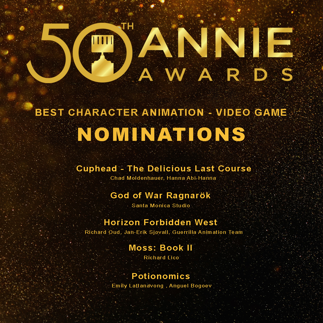 Here are the 2023 Nominees for Best Character Animation - Video Game! Congrats Studio MDHR, Santa Monica Studio, Guerrilla, Polyarc, Voracious Games and everyone nominated! 

#annieawards #50thannieawards #awardceremony #bestcharacteranimation