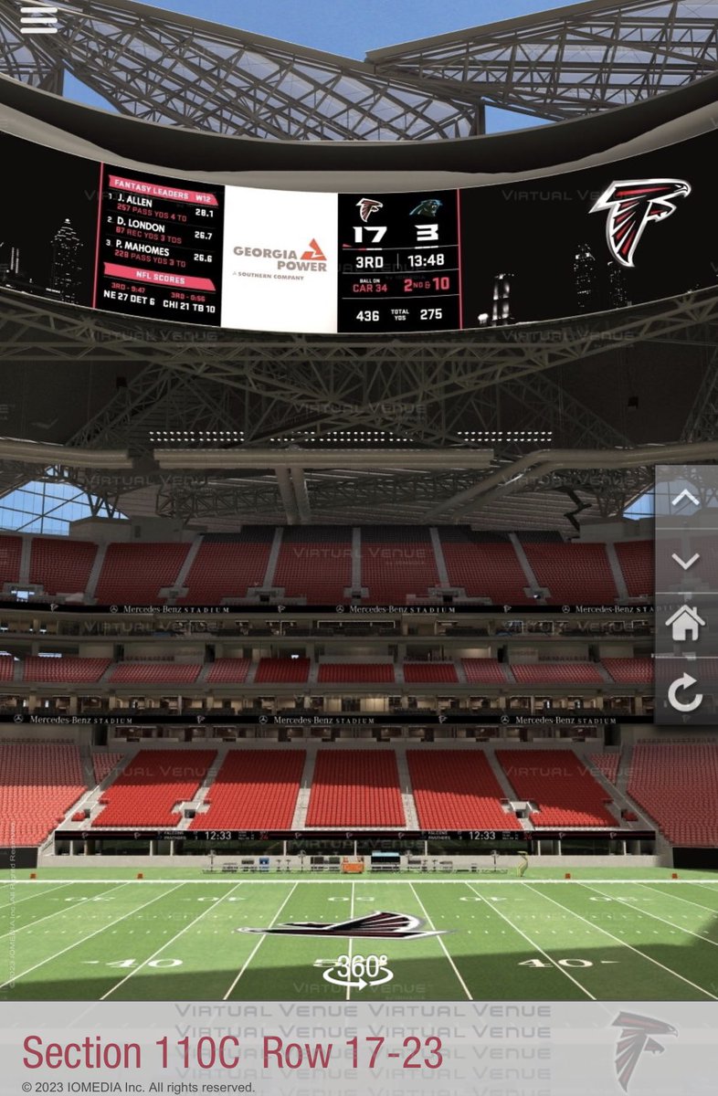 Just scoping out ATL’s <a href="/MBStadium/">Mercedes-Benz Stadium</a> seating chart, getting ready to buy #AFC Champ tickets tomorrow. Nice to see <a href="/JoshAllenQB/">Josh Allen</a> atop the fantasy leaderboard on the virtual stadium scoreboard. 257 pass yards and 4 TDs looks 👌 to me! #BillsMafia
