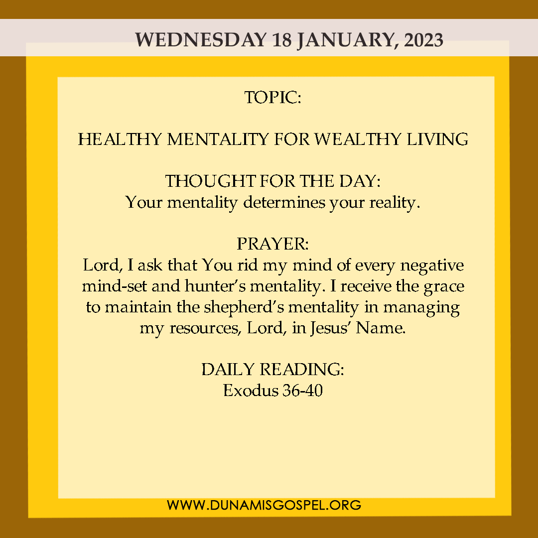 Both wealth and poverty are products of mind-set. Wealth is a lifestyle sponsored by a mind-set; similarly, poverty is also a lifestyle sponsored by a mind-set. Click to read today's #SeedsOfDestiny 
dunamisgospel.org/healthy-mental…