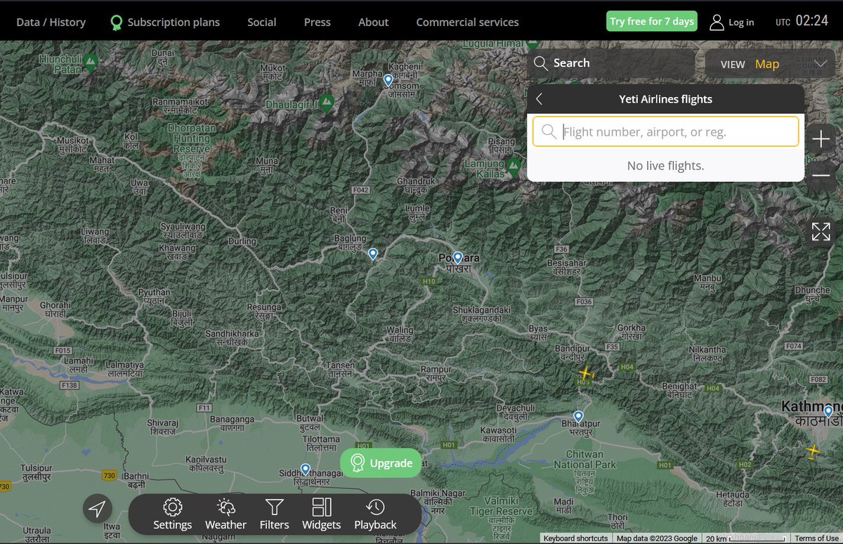 SanzayBhandari's tweet image. Second Day in a row with no Live Flights by @FlyYeti .

#NotAllAircrafts are unsafe but #RoutineCheckups per flight shall be mandatory rather than limiting it to tire pressure checks and refueling. 

#NepalPlaneCrash