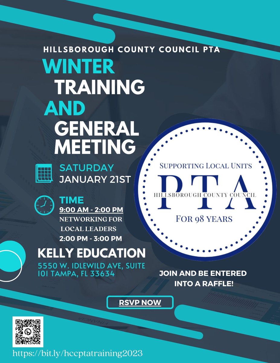 Time is running out to RSVP! Join HCCPTA for Winter Training & General Meeting on Saturday, January 21, 2023 from 9:00am to 2:00pm for Training & General Meeting! Location: Kelly Education: 5550 W Idlewild Ave #101, Tampa, FL 33634 RSVP Required: forms.gle/36SnP2638yh59a…
