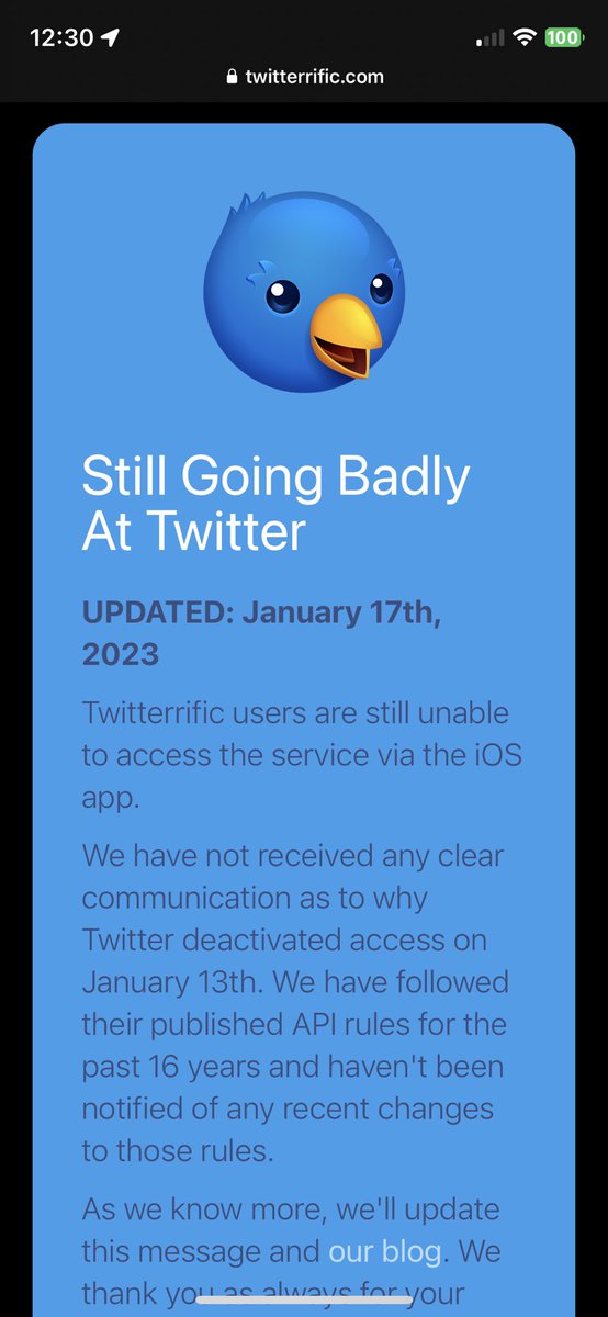 XanderPlooy's tweet photo. opening @Twitterrific and immediately being presented with this web page hurts my heart 💔😿

I’m sending this via the official client because I’m being forced to… but it’s the last time I’m using Twitter unless third party clients are reinstated 😾 https://t.co/eMtb5mpRpR