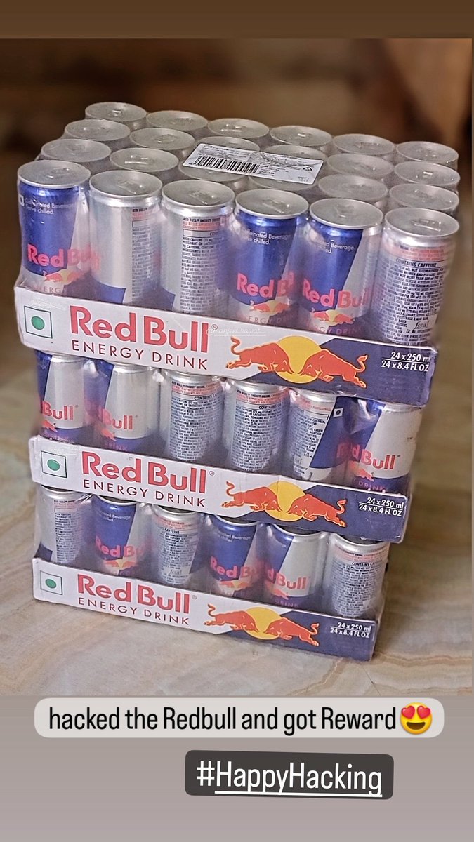 The wait is over... Finally received my drinks 😉😍
Thanks @intigriti @redbull 
#bugbounty #redbull #intigrity #githubrecon #HappyHacking