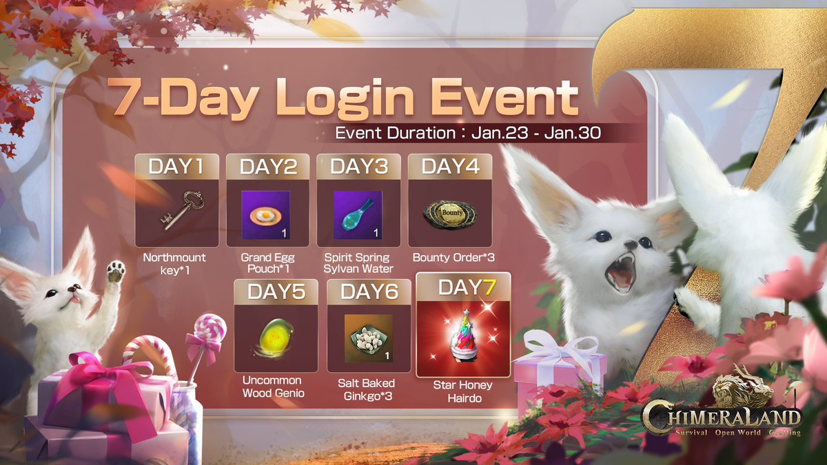 GChimeraland's tweet photo. 🎁 7-Day Login Event 🎁
 
Hello Travelers! I've got another login event for you! From Jan.23 to Jan.30, log in to Chimeraland daily to receive some awesome rewards!

#Chimeraland #LoginEvent #Benefits https://t.co/3jEWNH0wqh