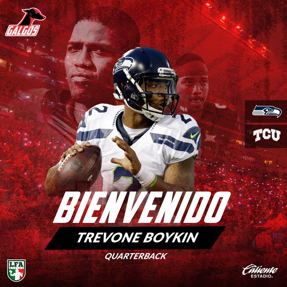 Galgos_LFA's tweet photo. ¡Bienvenido Trevone Boykin!
El quarterback formado en TCU y que perteneció a la ofensiva de SeaHawks en la NFL llega a Galgos para la temporada 2023

#VamosGalgos❤️‍🔥 https://t.co/uyaVdtY0ka
