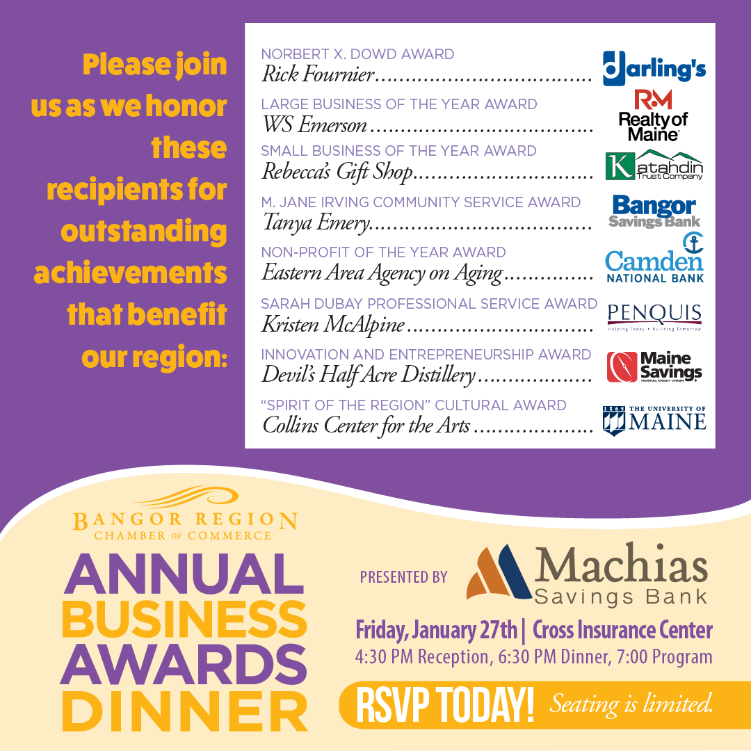 BangorChamber's tweet photo. Please join us as we honor these recipients for outstanding achievements that benefit our region.  Tickets are still available for our Annual Dinner sponsored by Machias Savings Bank at the CIC - Friday, Jan. 27th.
Register: https://t.co/qvqxuB9k1Z or contact Marcia at 947-0307 https://t.co/UzLdJpe7IL