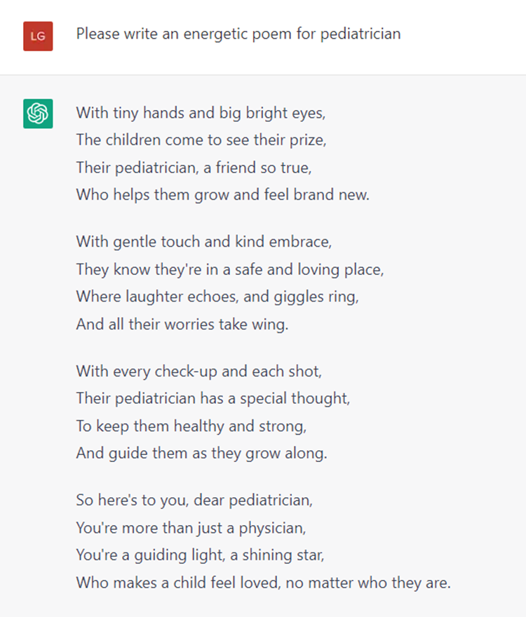 curiousmed's tweet photo. I asked #ChatGPT to write a poem to lighten up mood of a pediatrician having a bad day. #Pediatrics #pedcard https://t.co/7hfetb1kpx