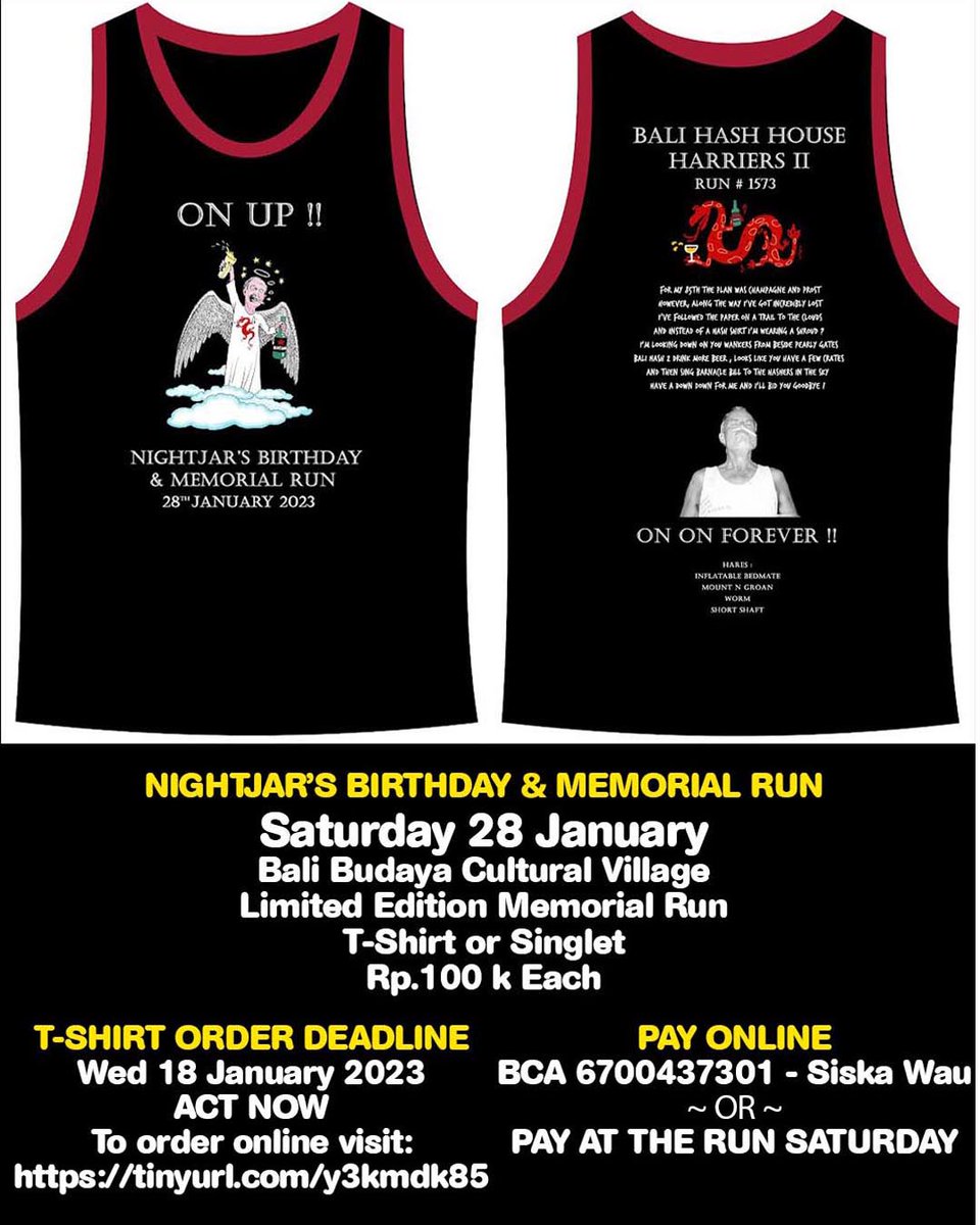 BaliHash2's tweet photo. Nightjarโs Birthday & Memorial Run
Saturday 28 January 2023
Bali Budaya Cultural Village
#bali #balihash2 #ononbali #nightjar #memorialrun #OnUp https://t.co/IcNm0hhWqq