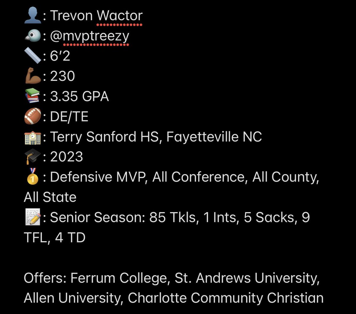 Lots of Coaches following, and I appreciate that! 

This one is for those Defensive End Coaches!!! Out of Terry Sanford HS, Trevon Wactor (<a href="/MvpTreezy/">Trevon wactor ✪</a>) a 2023 DE that gets off the edge quickly! Still looking for a home! hudl.com/v/2J1FHs