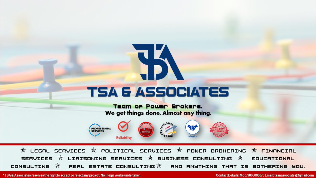 A team of highly experienced, influential &amp; powerful people from various fields.
We give more than just advice: Results. 
No work. No fees. Simple.

TSA &amp; ASSOCIATES
(Team of Power Brokers) 
We get things done. Almost any thing.