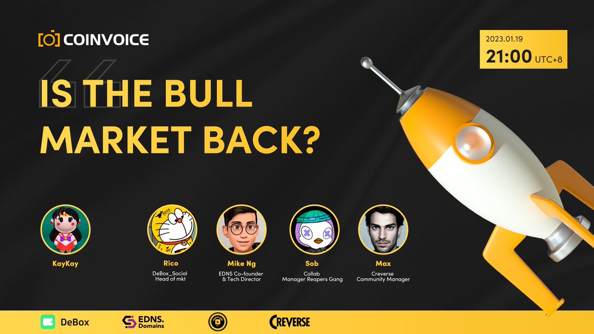 📢CoinVoice Twitter Space will be live!
👏Topic：Is the bull market back?

🎙️Guest：<a href="/cre_verse/">Creverse</a> <a href="/ednsdomains/">EDNS Domains</a> <a href="/DeBox_Social/">DeBox</a> @reapergang_nft

🙎‍♂️Host：<a href="/coin_voice/">CoinVoice</a>

⏰21:00 - 22:00(UTC+8)  Jan. 19

🔗x.com/i/spaces/1jMJg…