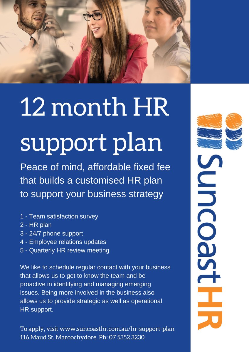 We will work with you to build a customised HR plan to support your business strategy. Contact Suncoast HR Services Sunshine Coast. Peace of mind, affordable fixed fee that builds a customised HR plan to support your business strategy. Ph: 07 5352 3230 - suncoasthr.com.au