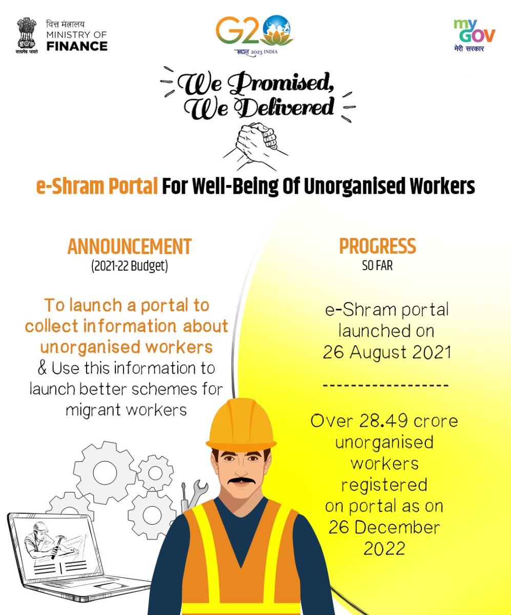 Empowering workers, empowering the nation!

 The e-Shram portal is making welfare accessible to unorganised workers.

 #ShramevJayate #Budget2023 #PromisesDelivered