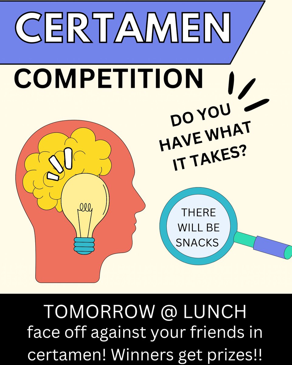 mhsjcl's tweet photo. Tomorrow at lunch we will have casual certamen!! There will be snacks, and winners will get prizes, can’t wait to see you there‼️ https://t.co/JYFPB64lIt