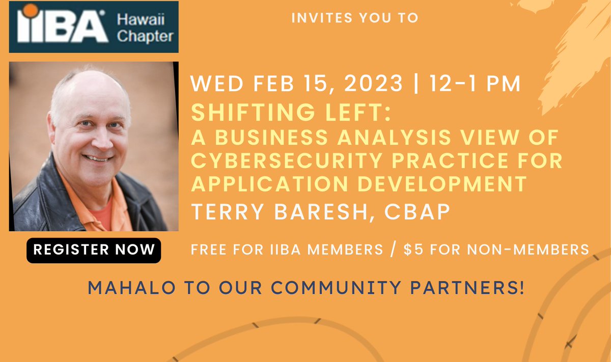 We're super excited to welcome Terry Baresh "The Cyber BA" to talk #cybersecurity and how our BA skills can help! RSVP for your spot at ow.ly/JpFE50Mtfza