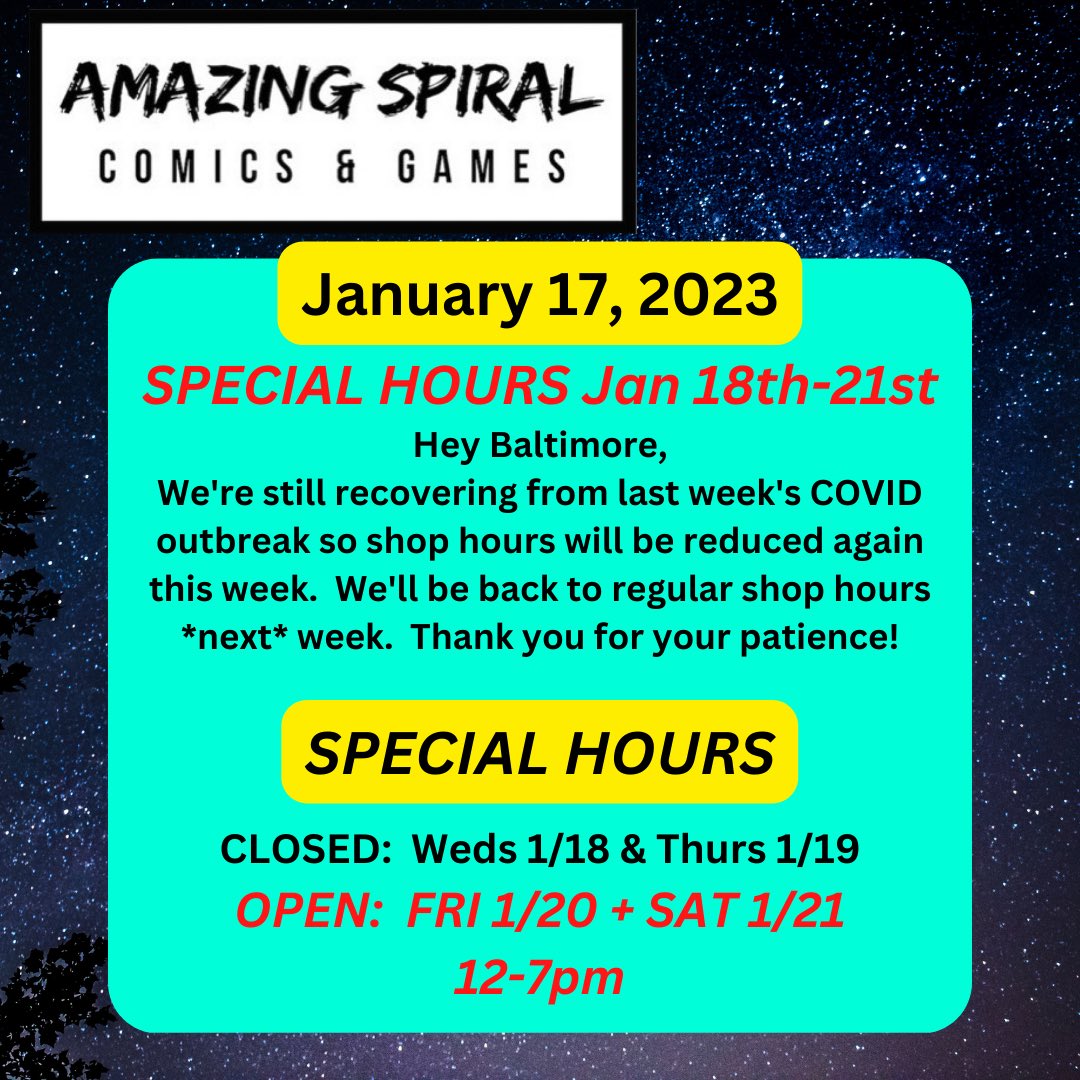 Hey Baltimore, 
We need just a few more days to finish recovering from COVID.  The shop will be closed Weds &amp; Thurs this week—but we’ll be OPEN from 12-7 on FRIDAY &amp; SATURDAY. Thanks for your understanding!