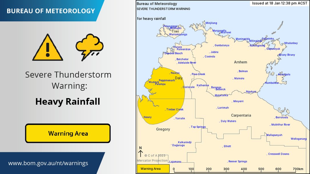 BOM_NT's tweet photo. ⚠️Severe Thunderstorm Warning⚠️ for heavy rainfall that may lead to flash flooding. Locations include #Wadeye, #TimberCreek and #Nauiyu. Stay safe and remember, if it's flooded, forget it! Check latest warnings at https://t.co/OqPL6XS7cI https://t.co/sfFfpPM1qM