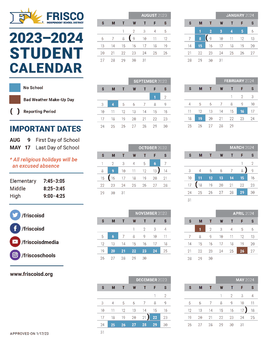 The Frisco ISD academic calendar has been approved for the 2023-24 school year. Check out ow.ly/1NWC50MtfEh for an overview of the finalized calendar and to see the results from last month’s calendar survey.