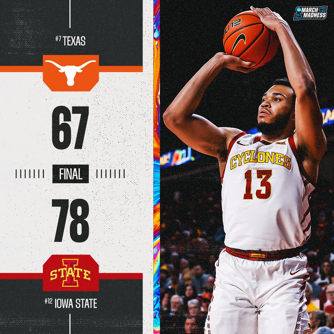 MarchMadnessMBB's tweet photo. NO. 12 IOWA STATE GETS PAST NO. 7 TEXAS 🌪

The Cyclones grab their 4th ranked win of the season, taking a big conference victory over the Longhorns 👀 https://t.co/uvbHAZnChd