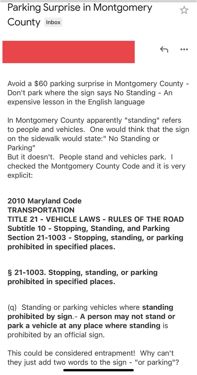 Best_ChevyChase's tweet photo. Wait, so he thinks “No Standing”= parking is okay? It’s just that pedestrians are not allowed to stand there on their feet? And this is unique to one jurisdiction and not universal parking law and language? https://t.co/WynU4E2CkI