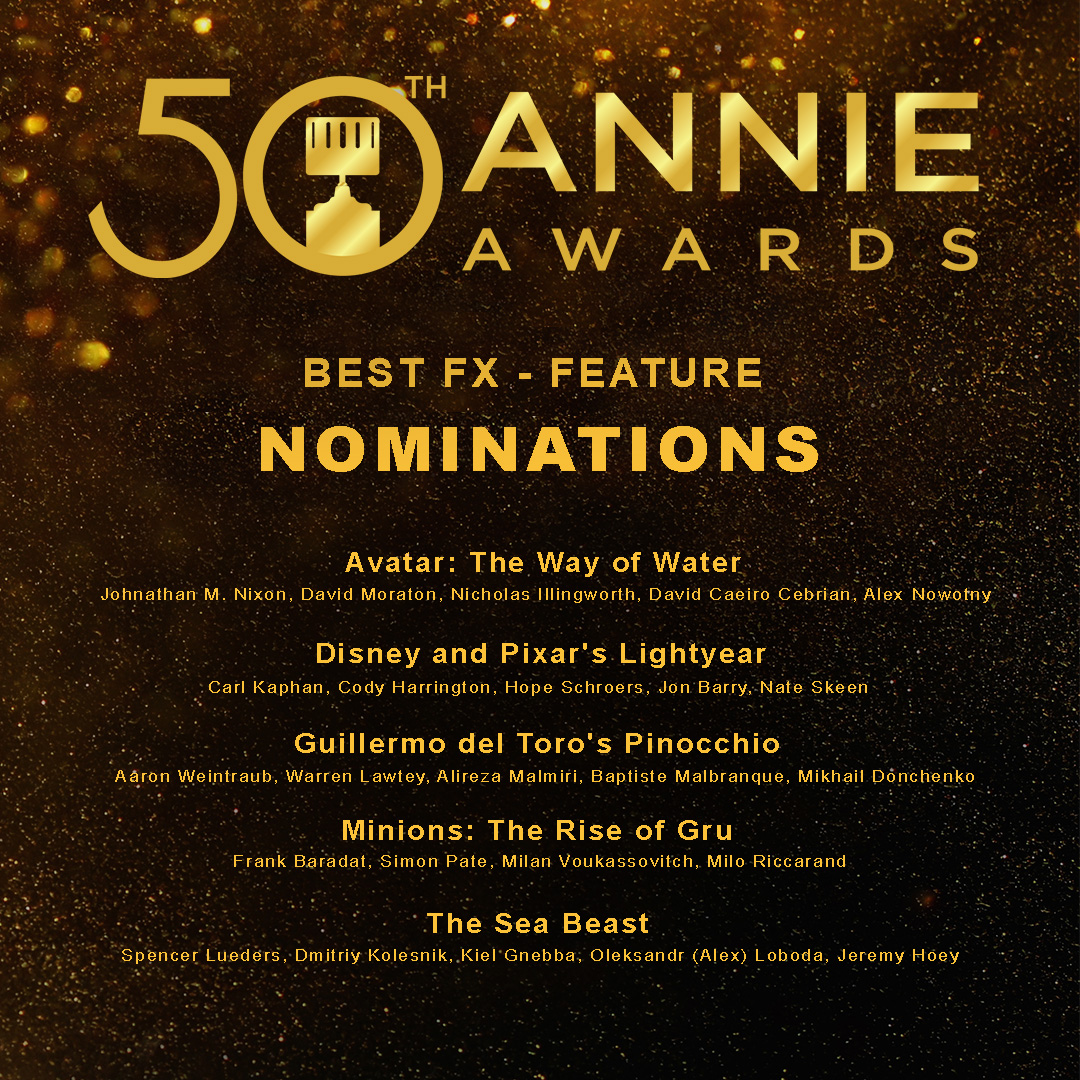 AnnieAwards's tweet photo. Here are the 2023 Nominees for Best FX - Feature! Congrats @20thcentury, @Pixar, @netflix, @illumination and everyone nominated!
#annieawards #50thannieawards #awardceremony #bestfx https://t.co/4U0ul7Ve7k