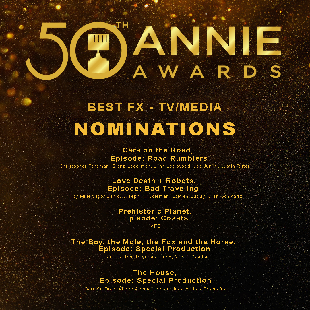 AnnieAwards's tweet photo. Here are the 2023 Nominees for Best FX - TV/MEDIA! Congrats to @Pixar, @netflix, @AppleTV, Blur Studio, MPC, Bad Robot, Nexus Studios and everyone nominated!
#annieawards #50thannieawards #awardceremony #bestfx https://t.co/xEAgLCGf2T