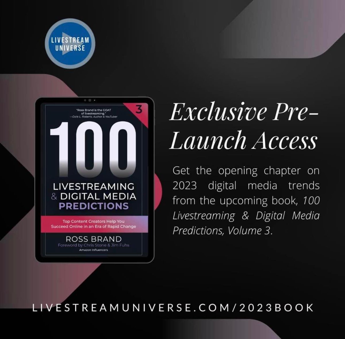 🎉 📚 I'm excited to be featured in this book! The 2023 installment of "100 Livestreaming &amp; Digital Media Predictions" 📖🥳

Get an exclusive sneak peek right here: livestreamuniverse.com/2023book/

#LivestreamUniverse #100Predictions #RossBrandLive #2023Predictions  #claudiasantiago
