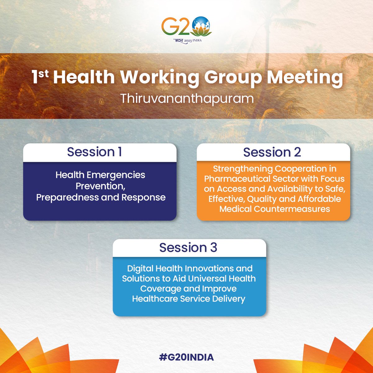 g20org's tweet photo. 1st Health Working Group Meeting set to begin in Thiruvananthapuram shortly. 

Thematic discussions to be held on #G20India’s Health Track Priorities. https://t.co/DpSqoCJsA3