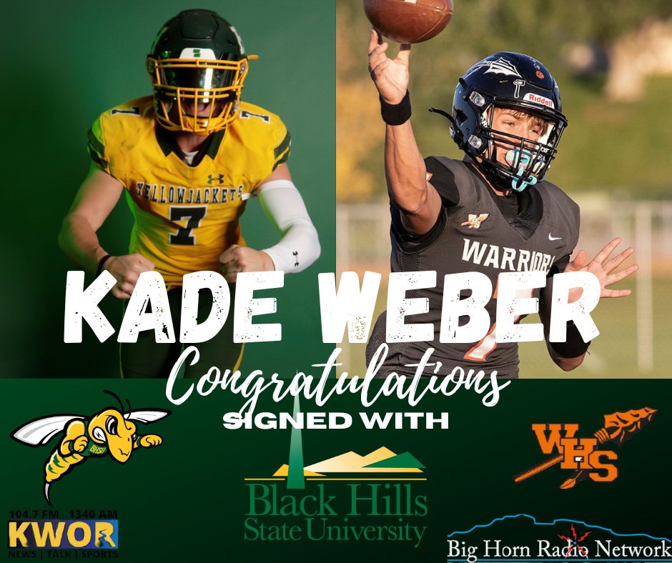 Two time All-State QB <a href="/Kade0705/">Kade Weber</a> <a href="/KworRadio/">KWOR Radio</a> <a href="/BlackHillsState/">Black Hills State</a> signs.. #Goyellowjackets <a href="/WorlandWarriors/">Worland Warrior Activities</a> <a href="/wyopreps/">WyoPreps</a>