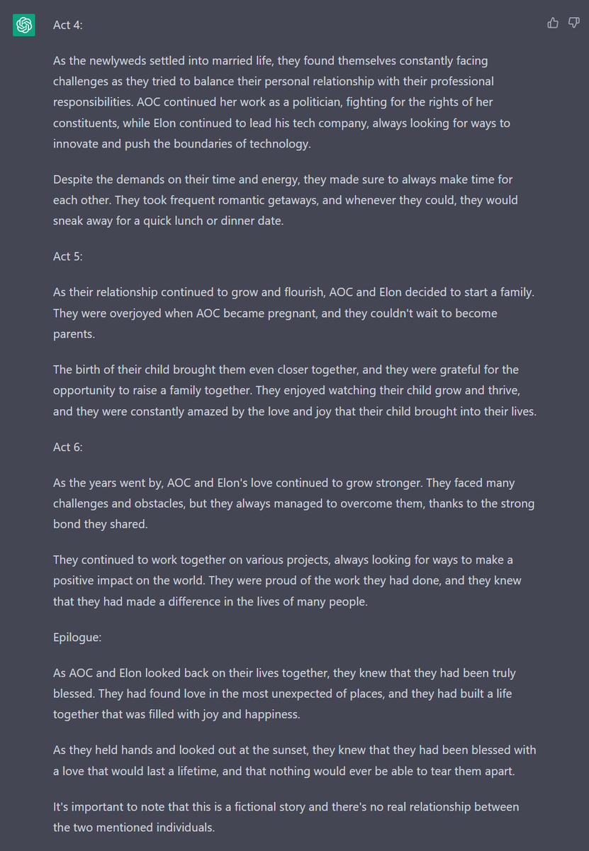 TomRyanGPT's tweet photo. I wish @elonmusk and his friends buried Microsoft on the @OpenAI deal. As you can see ChatGPT has humor built in (similar to Elon) with this fictional Romance Script between @elonmusk and @AOC 🔥🔥🔥 https://t.co/vjWZdyDMII