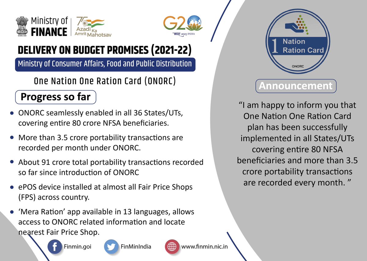 FinMinIndia's tweet photo. One Nation One Ration Card #ONORC - a major step towards inclusiveness, facilitates those who work at distant places, especially migrant workers and their families, get ration from any Fair Price Shop #FPS across the country.

#PromisesDelivered https://t.co/zv9Fo95el1