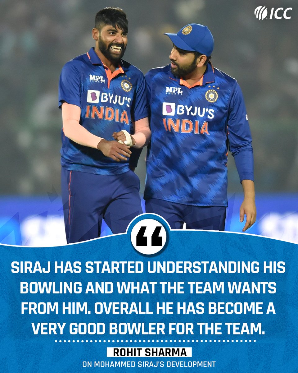 ICC's tweet photo. India captain Rohit Sharma praised Mohammed Siraj for his improvement across all three formats 👏

More ➡️ https://t.co/cbaLnBvFPW https://t.co/kiuEHbgmxf