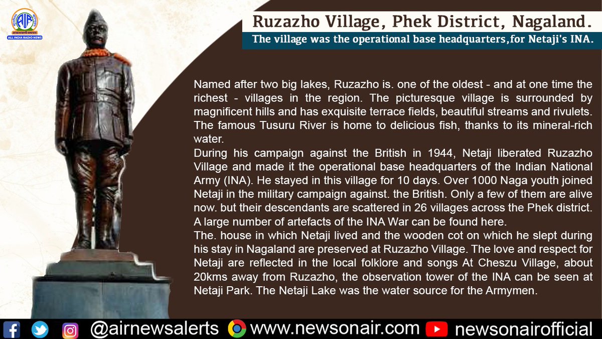 As a run up to the 126th Birth Anniversary of #NetajiSubhasChandraBose, events commemorating #Netaji's life and work are being organised in Ruzhazo Village,Nagaland by the Assam Rifles today.  

Ruzhazo Village was the operational base of Netaji's INA