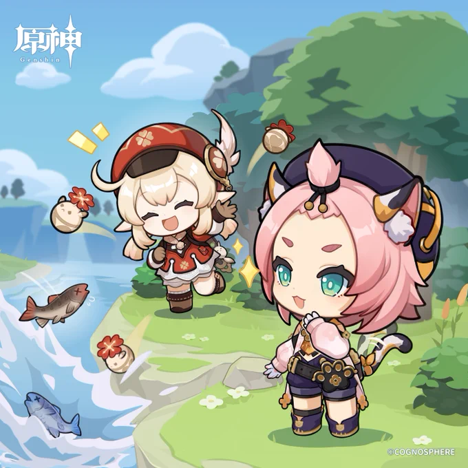 【ディオナ生誕祭】「ぼーんッ!ディオナちゃん、見て見て!クレー、お魚をたくさんドカーンできたよ!」「すごい…でも、やりすぎにゃ!もっと安全に気をつけないと!」#原神_キャラ生誕祭 