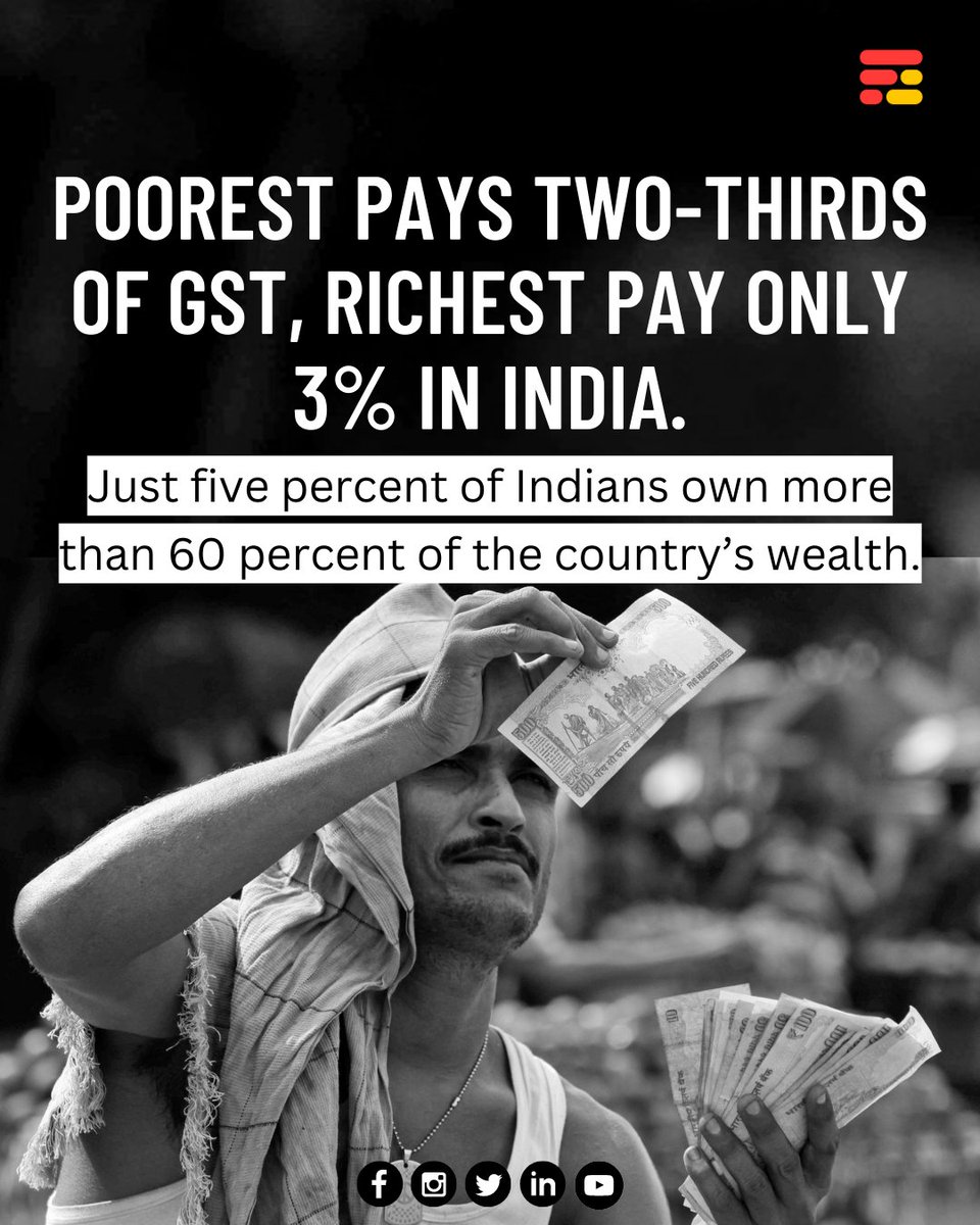 feedmileapp's tweet photo. The top one percent of wealthy people in India owned more than 40% of the total wealth created in the country from 2012 to 2021.
#feedmile #feedmileshorts #India #GST #poorest #richest #OxfamReport #SurvivalOfTheRichest #RichestIndians #RichPoorDivide #taxtherich #OxfamIndia https://t.co/vaIbTTKsqR