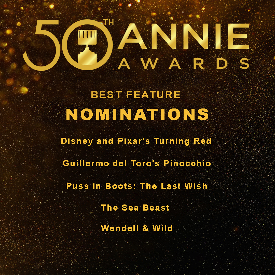 Here are the 2023 Nominees for Best Feature! Congrats to @Pixar, @netflix, @Dreamworks and everyone nominated! @pinocchiomovie @PussInBoots 

#annieawards #50thannieawards #awardceremony #bestfeature