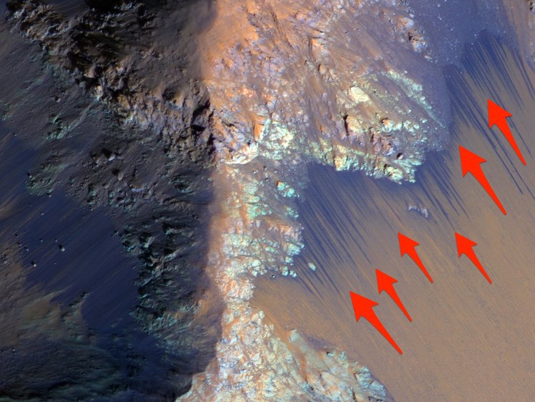 marsrader's tweet photo. Liquid water can exist on the surface of Mars today within a very narrow temperature range of approximately 0-10 °C (32-50 °F). Below that it freezes. Above it boils. (📷 NASA/JPL/University of Arizona) https://t.co/rzzdY04yjC