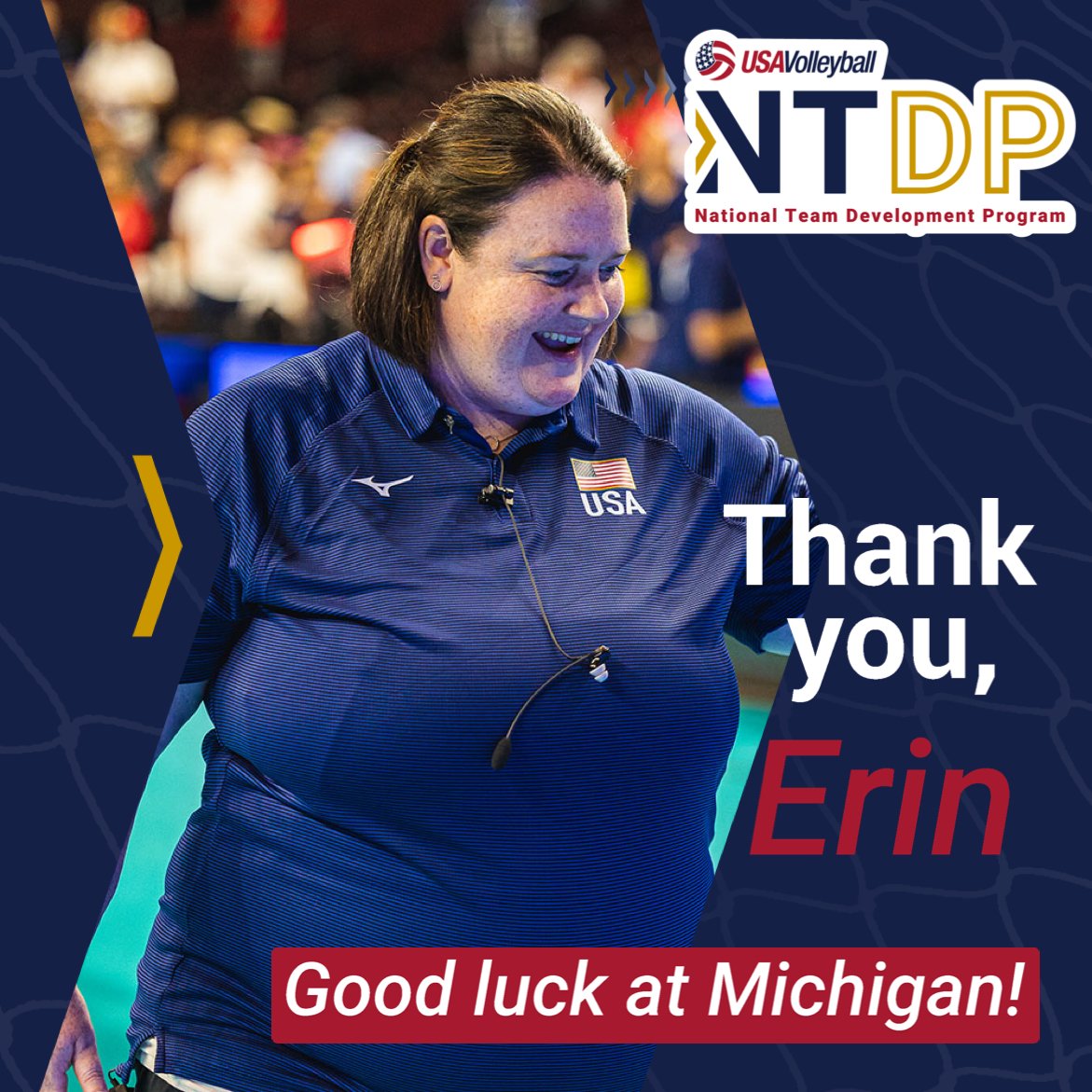usavolleyball's tweet photo. Thank you, @ErinVirtue for your commitment to USA Volleyball's National Team Development Program and the U.S. Women's National Team. We look forward to watching you as head coach at @umichvball, and are thrilled to keep working with you through Paris 2024! https://t.co/1ptRXkSG0d