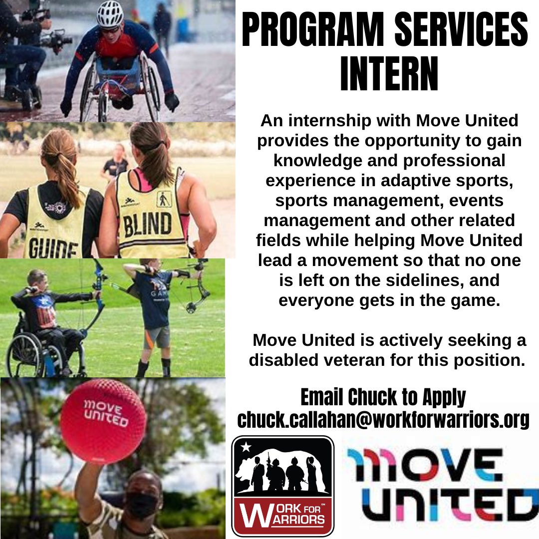 Team_WFW's tweet image. @MoveUnitedSport is actively seeking a #disabledveteran for this #programservices #intern #remote position. If you’re interested in applying email Chuck at chuck.callahan@workforwarriors.org #moveunited #hireaveteran #veteransgelpingveterans #workforwarriors #staffingredefined