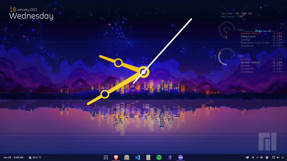 prvnpa4's tweet photo. One way to kill time is searching and trying new Gnome extensions, and this "Desktop Clock" is my recent finding. ๐
(Of course, not only time, it is a waste of system resources too... ๐ป)
Link to the extension: https://t.co/AuZrYv5NGr
#linux #manjaro #gnomelinux https://t.co/NPDn5uS3T3