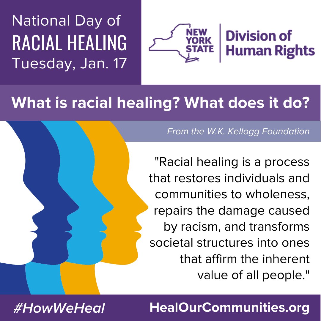 NYSHumanRights's tweet image. Today, DHR commemorates #NationalDayofRacialHealing - which is key to our vision of a New York free of discrimination where everyone can fulfill their potential and participate fully in the life of the state. To learn more about #HowWeHeal, visit healourcommunities.org.