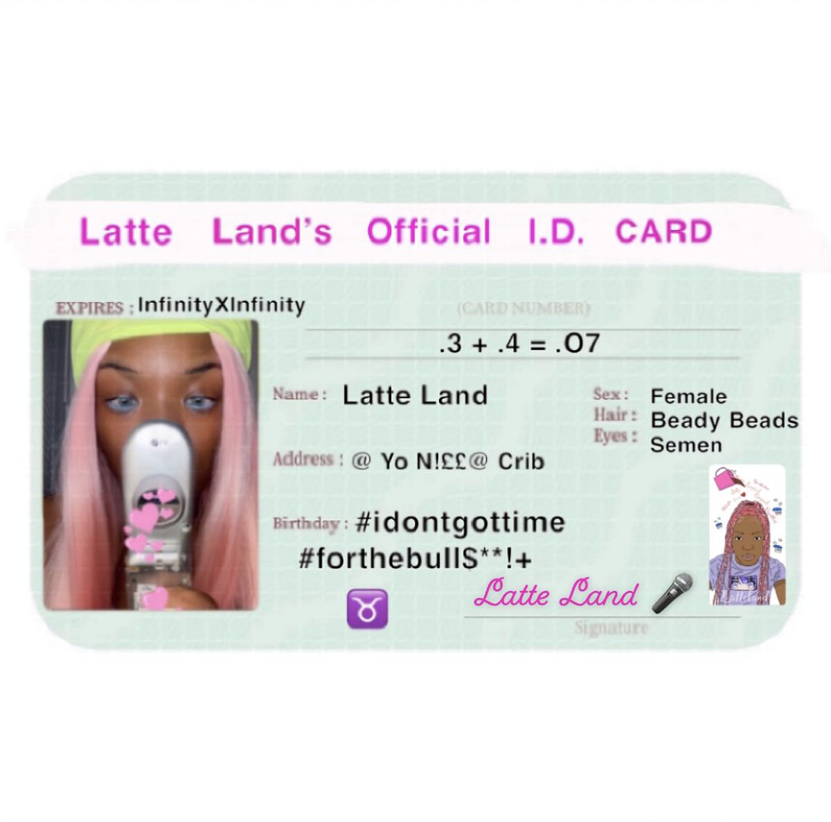 latteland_'s tweet photo. JUST GOT MY I.D. 2DAY YALL! WHAT DO YOU THINK😀 #1stalbumcoverart #music #rap #femalerapper #blessed #love #Trending #funny #WWESold #tiktokhotviral #AttackOnTitan #jokes #linkinbio #rapper #like4like #rated #Clubhouse #checkout #mymusic #droolin #taboo #Humourawards https://t.co/jfwqvvDRmh