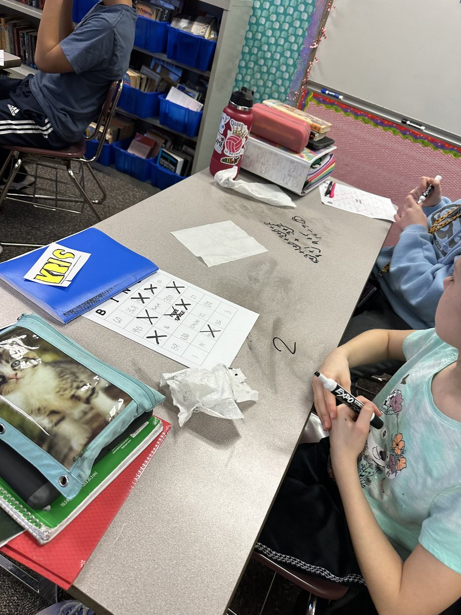 FiveFootTeacher's tweet photo. How do you make review fun you ask?
#1- write on the tables with expo markers. Way more fun than just paper and pencil!
#2- Create your own BINGO board.
This was a perfect way to review for MAP testing tomorrow!
@CenturyWildcats #osd135 #BingoReview #EngagedLearners https://t.co/wcPbmZPFHu