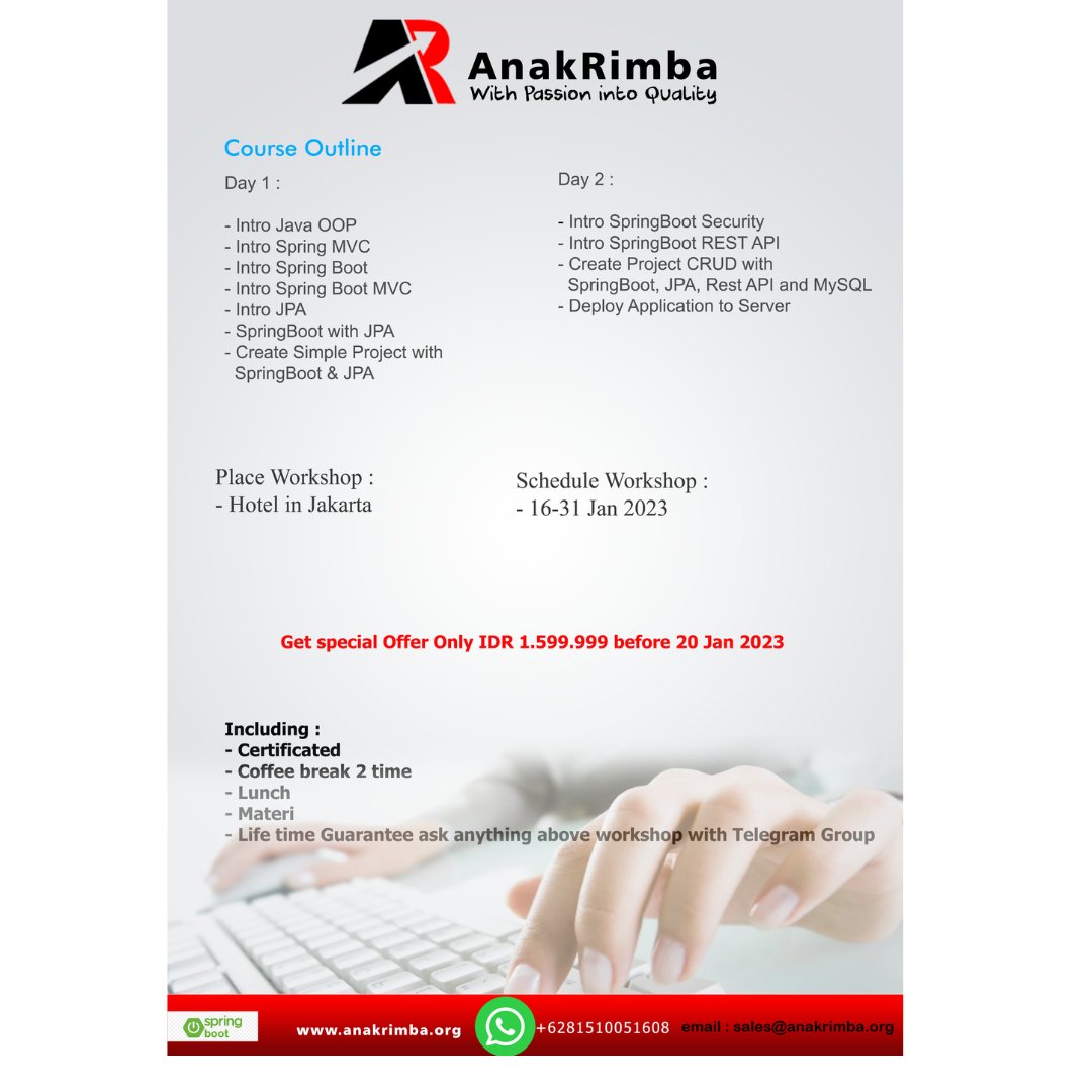 anakrimba_org's tweet image. SpringBoot Java Enterprise programming Workshop @anakrimba_org
#springboot #springbootdeveloper
#developer #javaprogramming
#development #javadeveloper
#programmer #javadevelopers