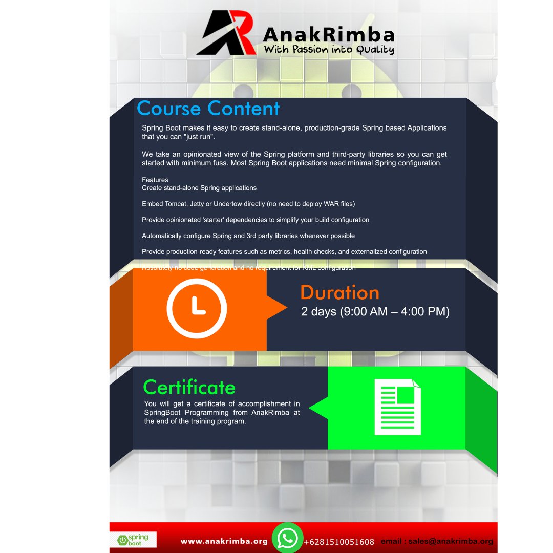 anakrimba_org's tweet image. SpringBoot Java Enterprise programming Workshop @anakrimba_org
#springboot #springbootdeveloper
#developer #javaprogramming
#development #javadeveloper
#programmer #javadevelopers