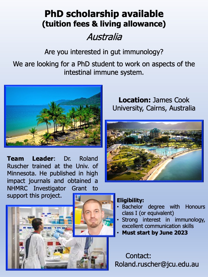 RolandRuscher's tweet photo. We are still looking for a PhD candidate. Scholarship is included! Palm trees, pristine beaches, 300+ sunny days/year, and immunology - a perfect combination, if you ask me. https://t.co/I2374zxYyl