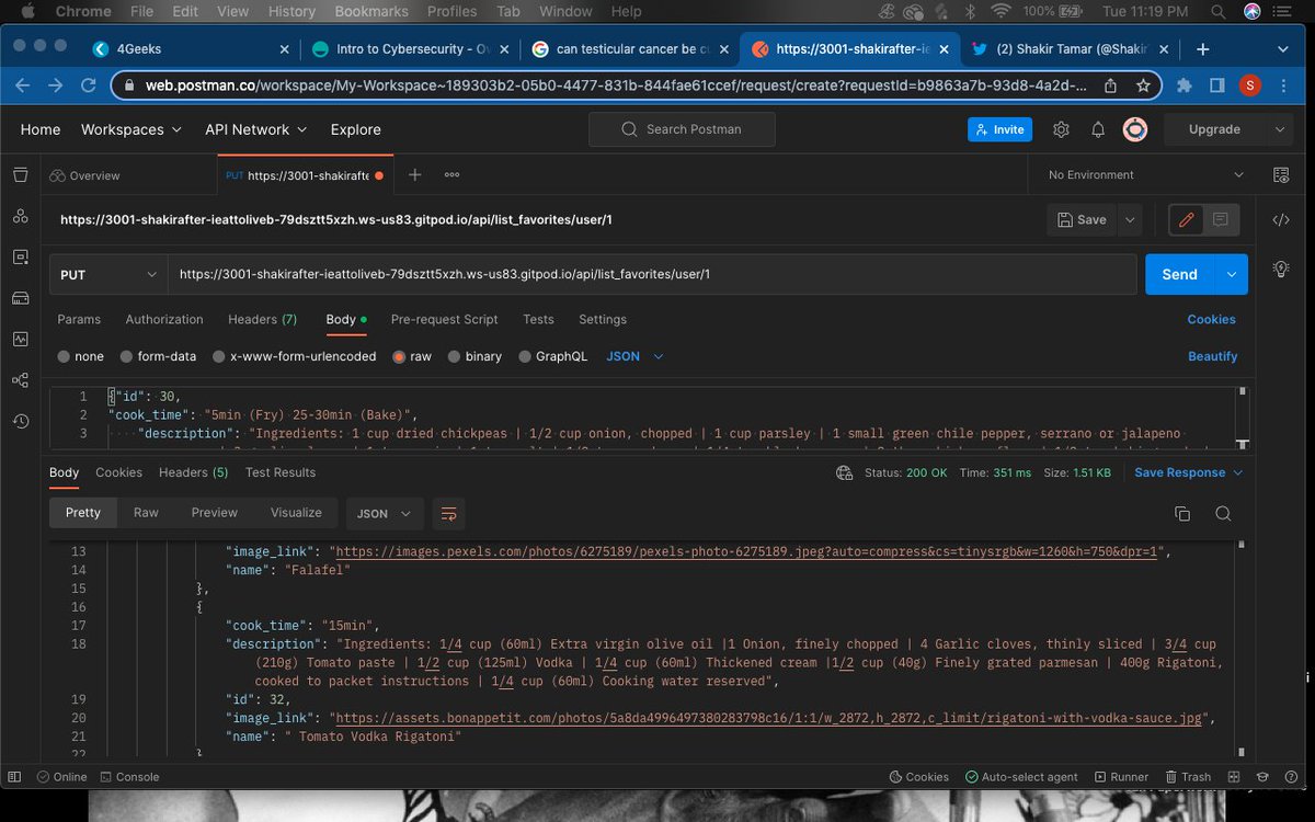 ShakirTamar's tweet photo. Day 10 of #100DaysOfCode (Rd 1/3)
The past few days I kept getting errors when attempting to test if my Backend API was working. I had an issue with the "id" in my JSON file. I removed them from the code and used Postman to test it and my API is working now
#LearnToCode #coding https://t.co/02LI5ymnlR