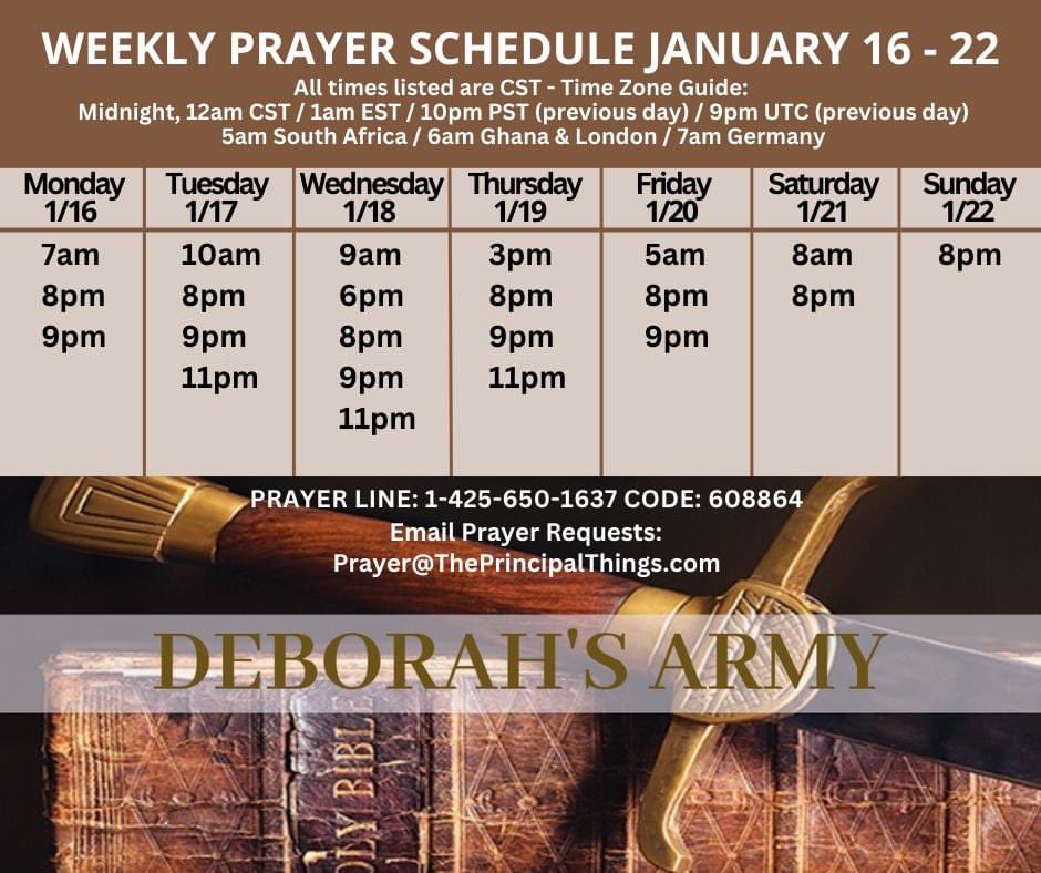 sylvia_vines's tweet photo. Deborah’s Army Prayer Line Join us Wednesday, Jan. 18th at 9am, 6pm, 8pm, 9pm, 11pm 1-425-650-1637; Access Code 608864; Email Prayer Requests to prayer@theprincipalthings.com https://t.co/0hjY2Zr0nq
