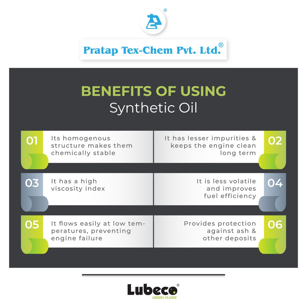 Synthetic lubricants are an artificial composition of chemically amended compounds like petroleum components with distilled crude oil being the base material.

#PTCPL #Lubeco #greenfluids #Syntheticlubricants #Syntheticoil